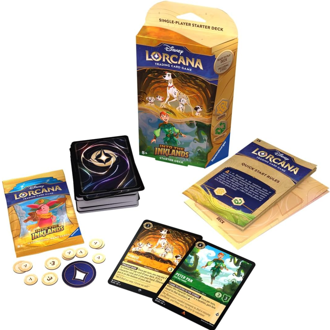 Disney Lorcana Into the Inklands Pongo and Peter Pan Starter Deck contents