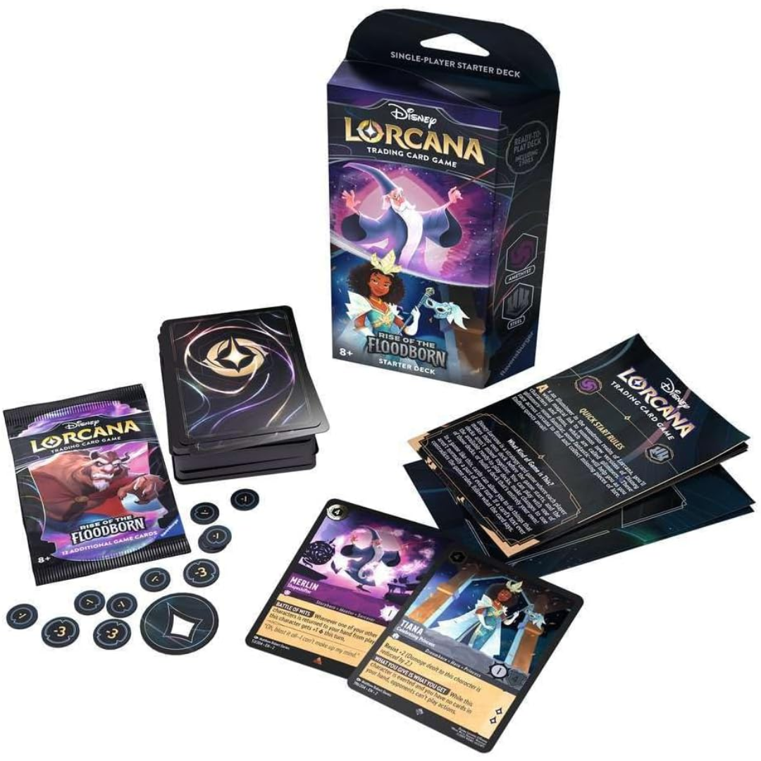Disney Lorcana Rise of the Floodborn Merlin and Tiana Starter Deck contents