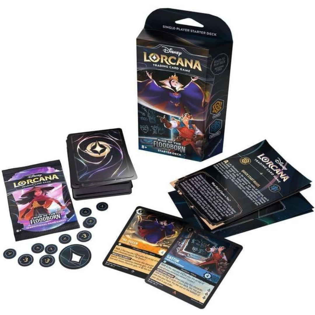 Disney Lorcana Rise of the Floodborn The Queen and Gaston Starter Deck contents