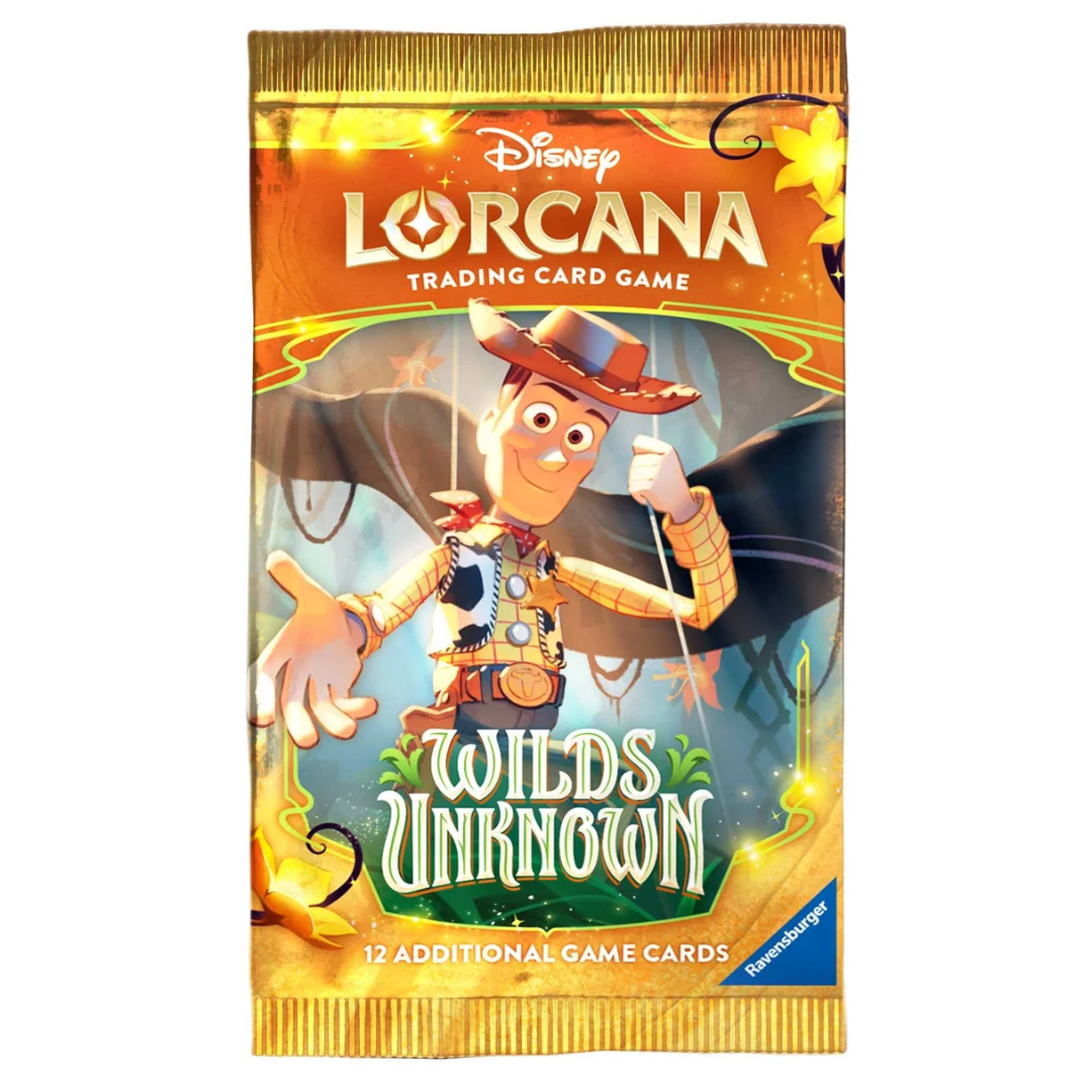 Disney Lorcana Wilds Unknown Set 12 booster pack featuring Woody from Toy Story