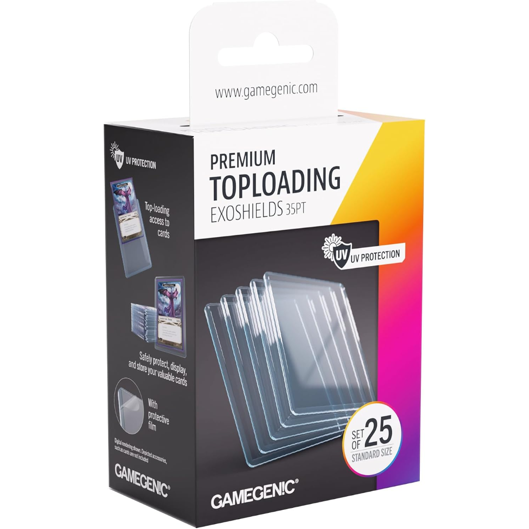 Gamegenic Premium Toploading Exoshields 35pt retail pack containing 25 clear trading card toploaders
