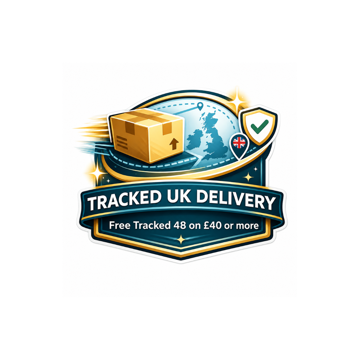Tracked UK delivery badge showing free Tracked 48 on UK orders of £40 or more