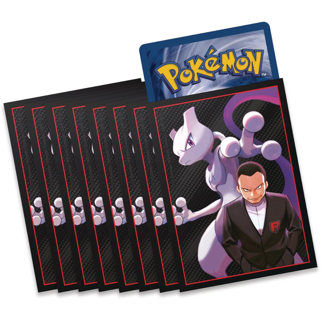 Destined Rivals Elite Trainer Box card sleeves featuring Team Rocket and Mewtwo