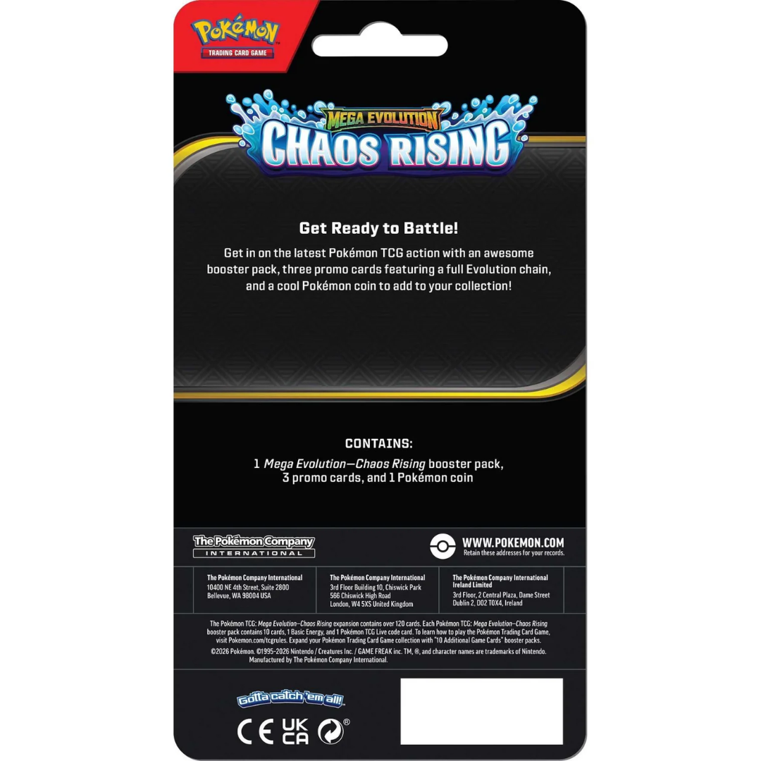 Back of Pokémon TCG Mega Evolution Chaos Rising Premium Checklane Blister packaging showing product details