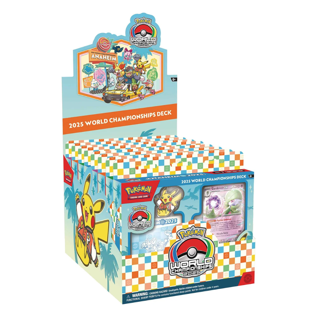 Pokémon TCG 2025 World Championships Deck retail display box containing assorted championship decks