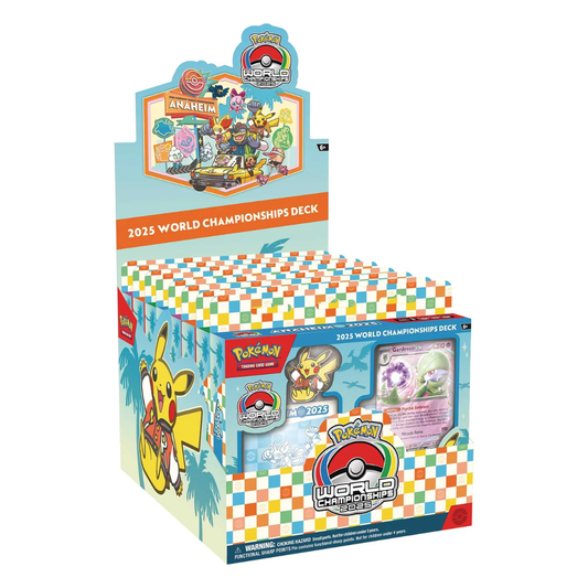 Pokémon TCG 2025 World Championships Deck retail display box containing assorted championship decks