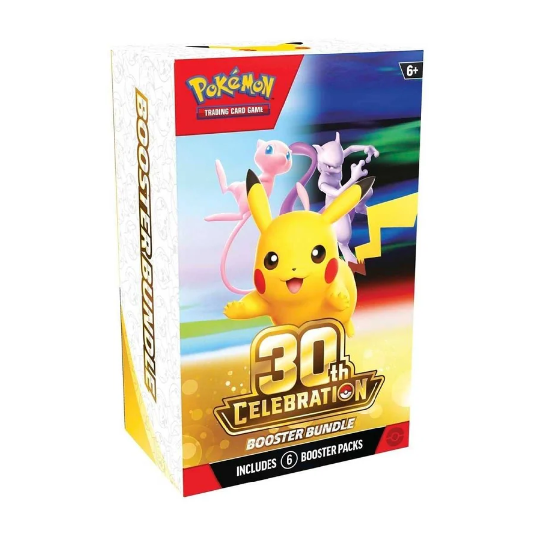 Pokémon TCG 30th Celebration Booster Bundle featuring Pikachu, Mew and Mewtwo