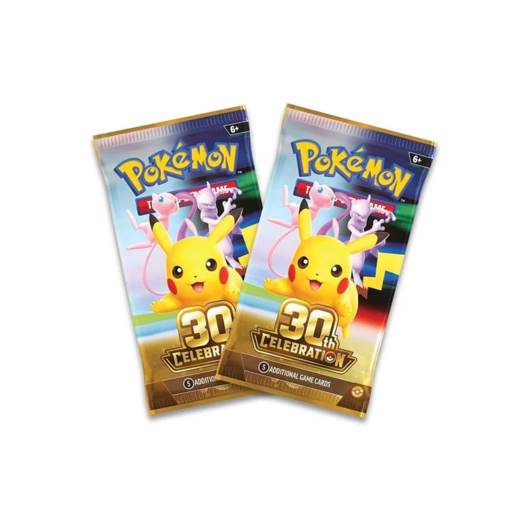 Pokémon TCG 30th Celebration Mini Tin contents featuring two booster packs