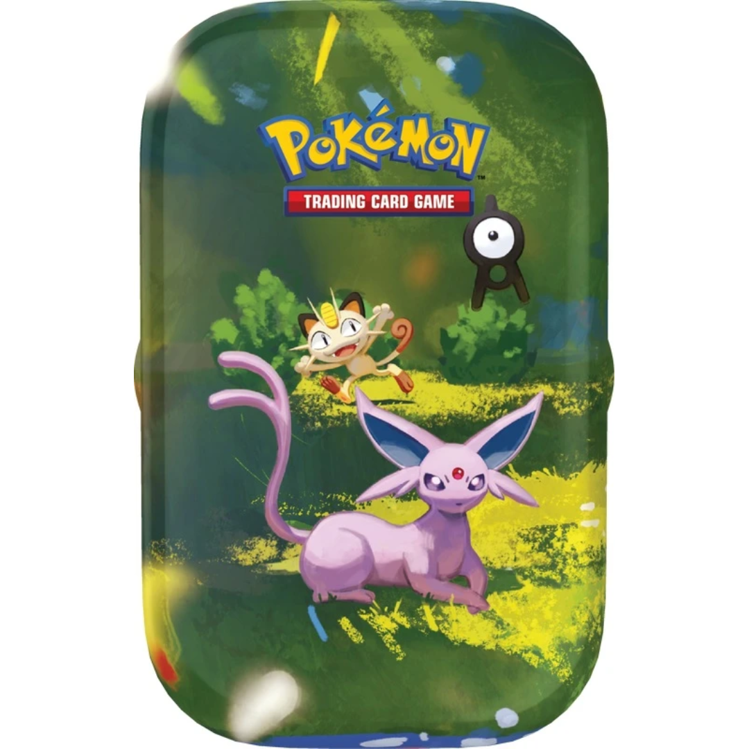 Pokémon TCG 30th Celebration Mini Tin Day design featuring Espeon and Meowth