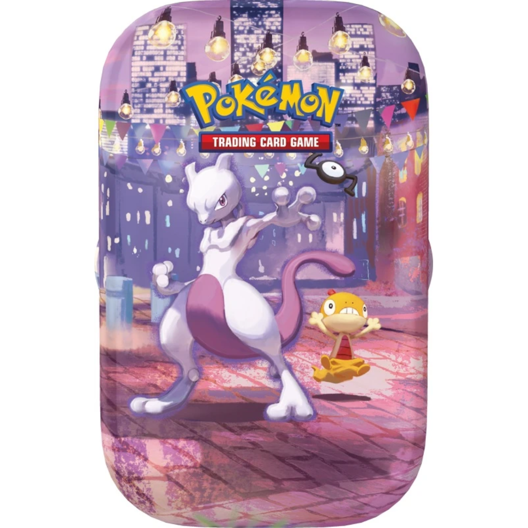Pokémon TCG 30th Celebration Mini Tin Night design featuring Mewtwo