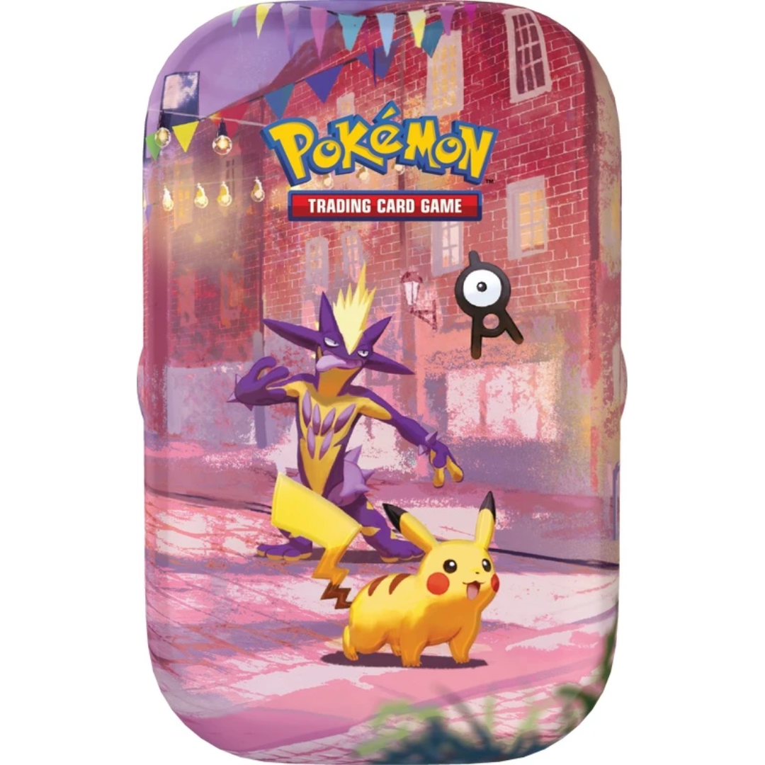 Pokémon TCG 30th Celebration Mini Tin Night design featuring Pikachu and Toxtricity