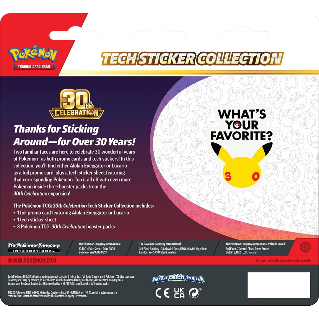 Back of Pokémon TCG 30th Celebration Tech Sticker Collection Lucario packaging
