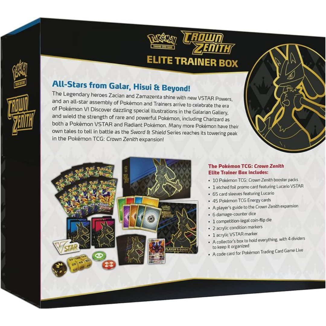 Back of Pokémon TCG Crown Zenith Elite Trainer Box showing contents