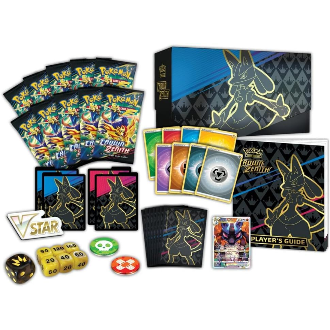 Pokémon TCG Crown Zenith Elite Trainer Box contents including booster packs and accessories