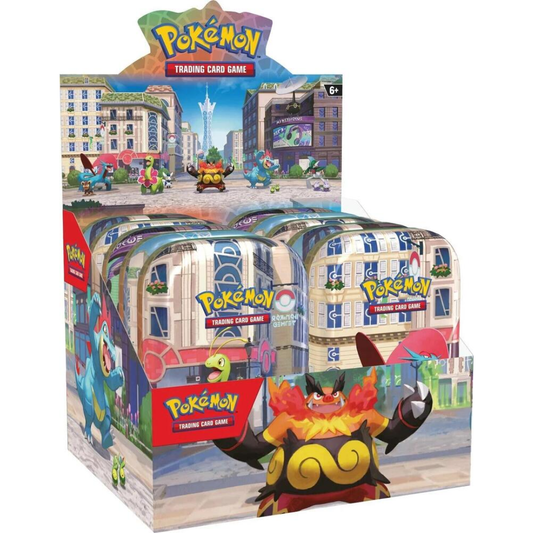 Pokémon TCG Lumiose City Mini Tins retail display containing assorted tin designs