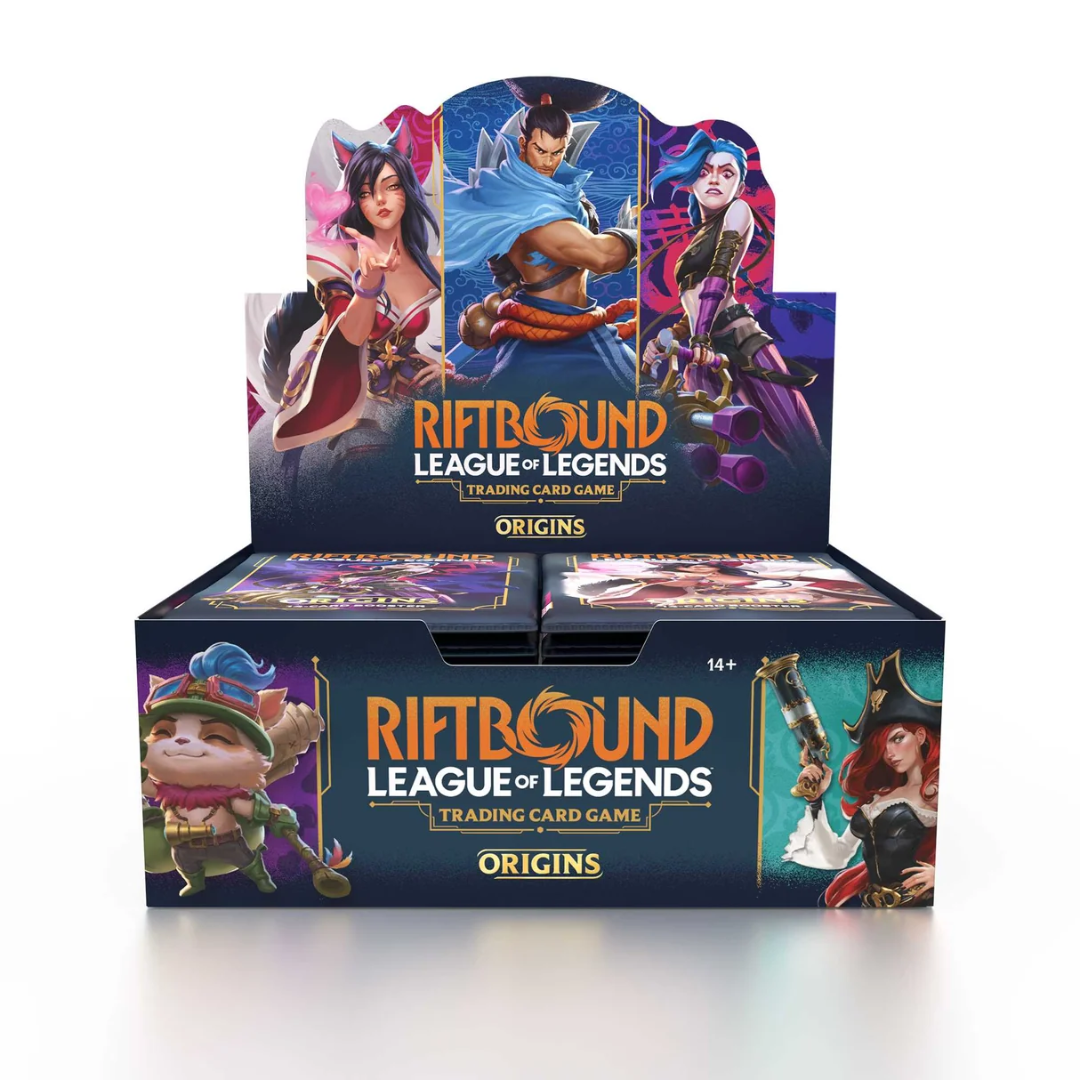 Front view of Riftbound League of Legends Origins Booster Display with 24 packs