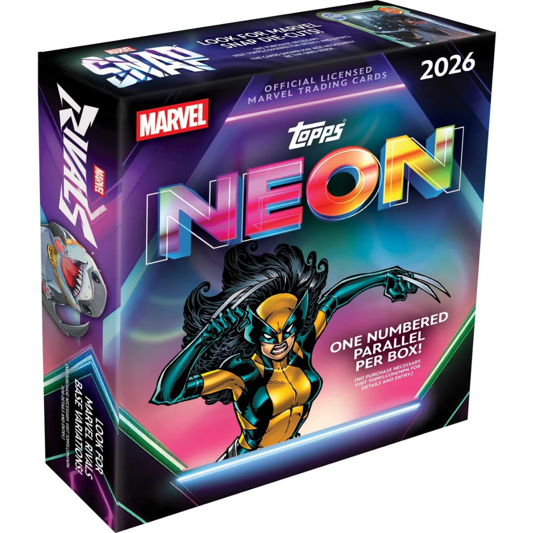 Topps Marvel Neon 2026 Mega Box featuring X-23 artwork, containing 10 packs and 50 Marvel trading cards